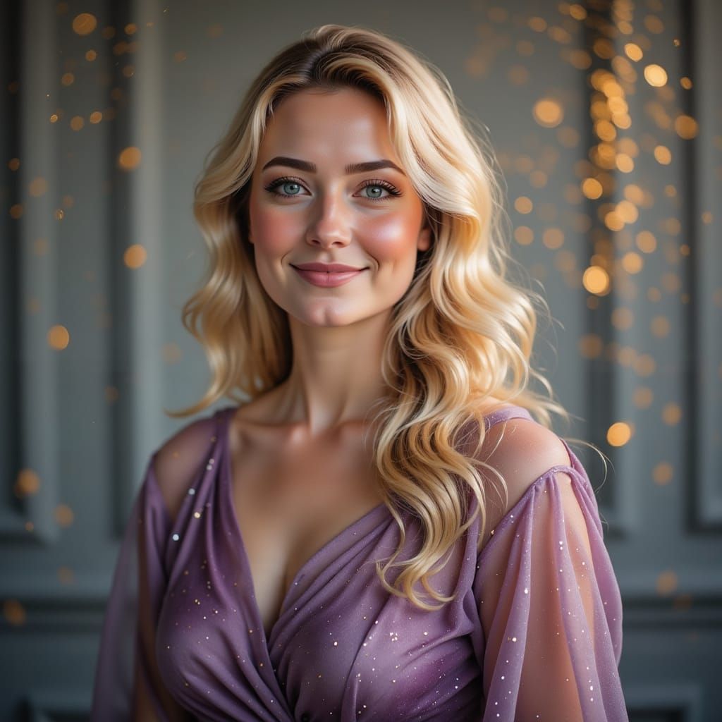 Elegant Woman in Violet Silk Dress in Golden Hour Light