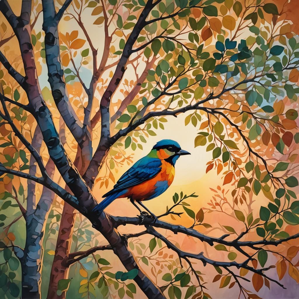 Bird on Summer Tree in Gouache Watercolor Style
