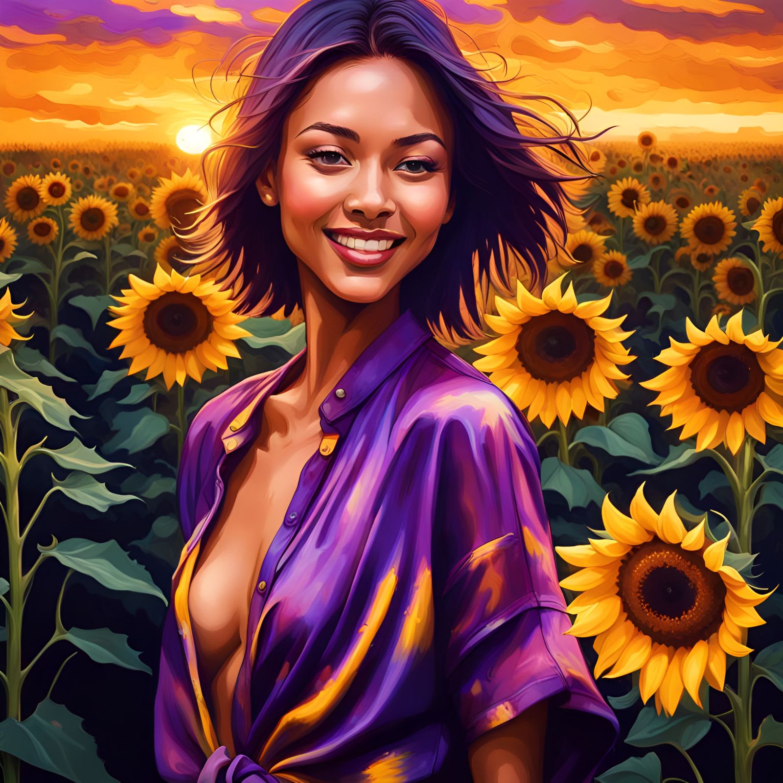 Glowing Sunflowers Rain in Graffiti Art Style