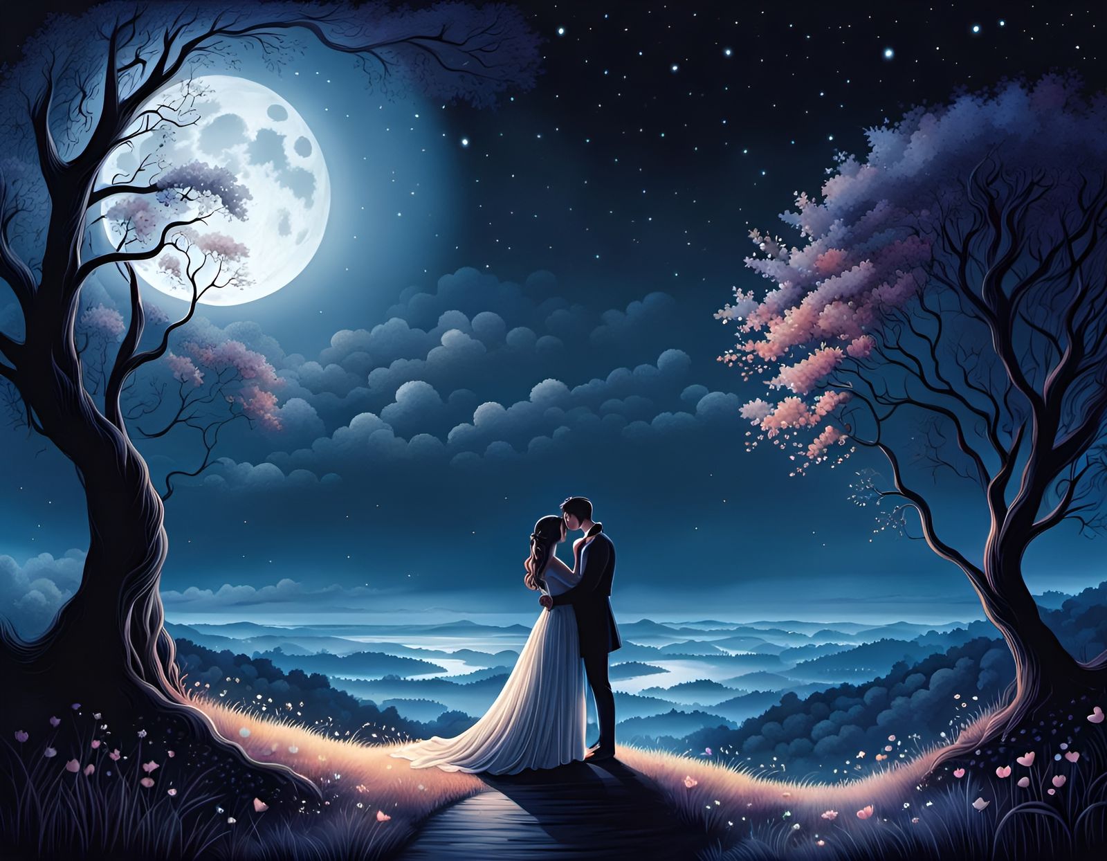Romantic Couple Embrace in Ethereal Moonlight Panorama