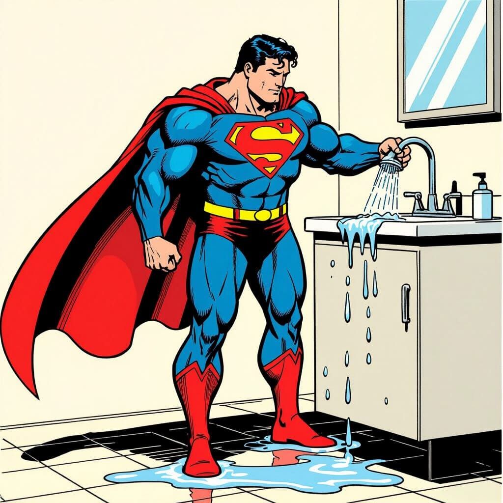 Overweight Superman Washing Suit in Comic Style