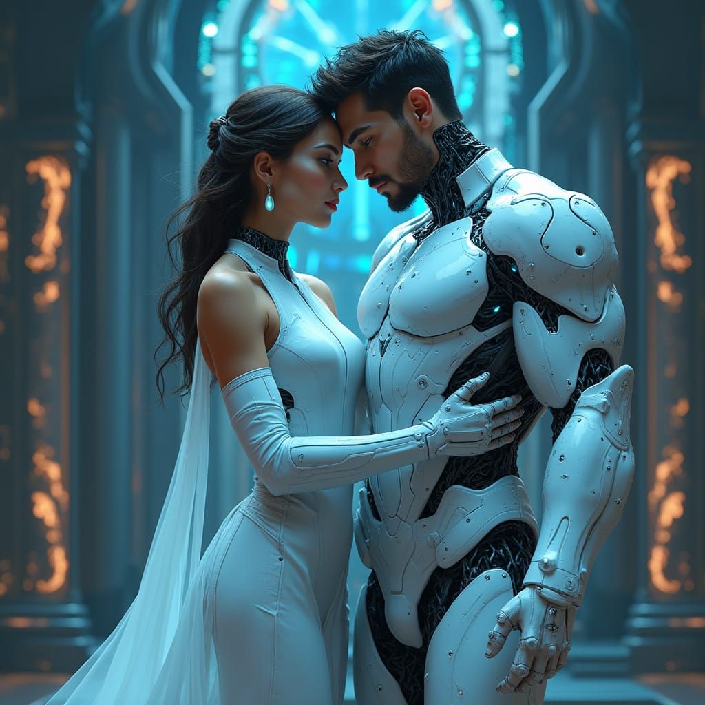 Cyborg Embrace in Futuristic Throne Room