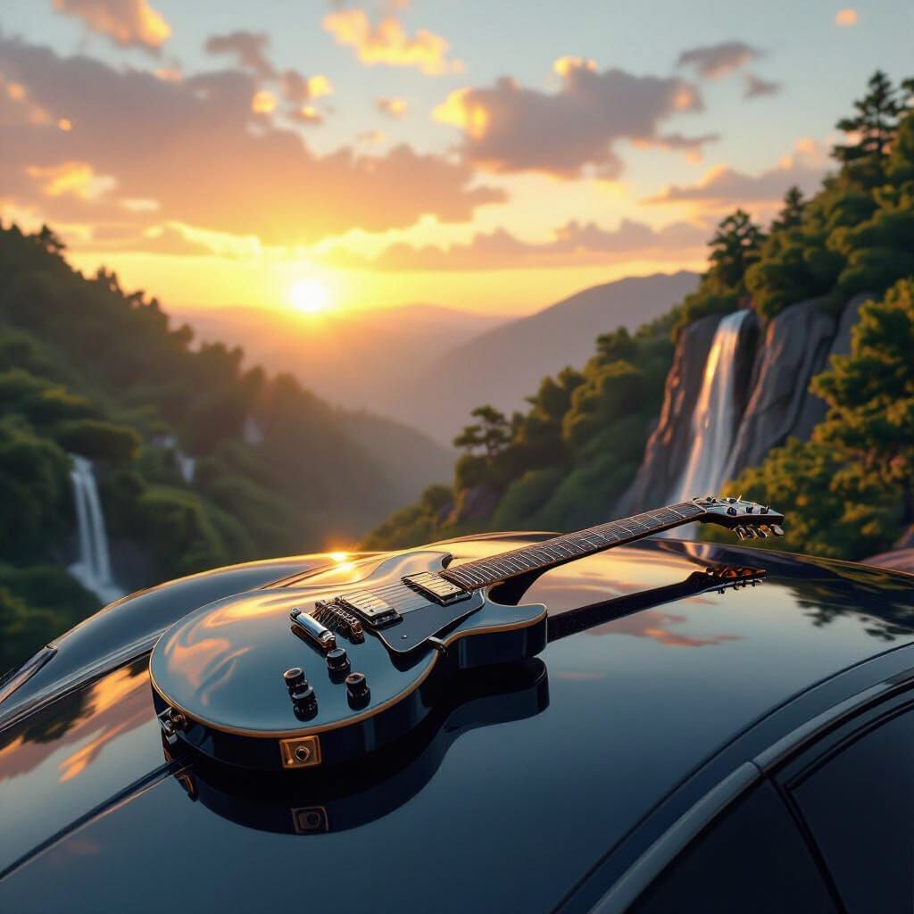 Sleek Guitar Meets Sports Car on Cliff at Sunrise