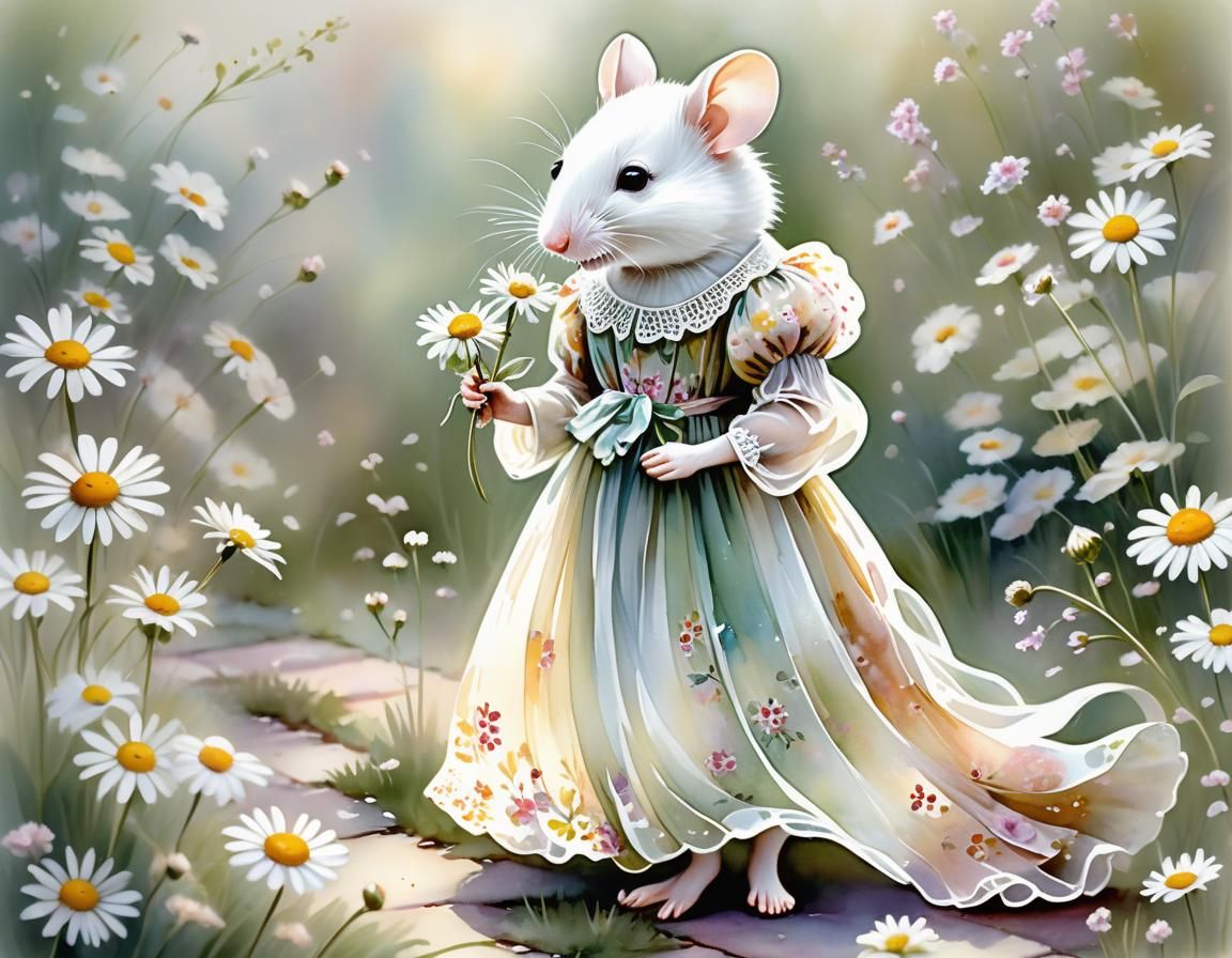 Mouse in Floral Gown Smelling Daisy, Watercolor Painting