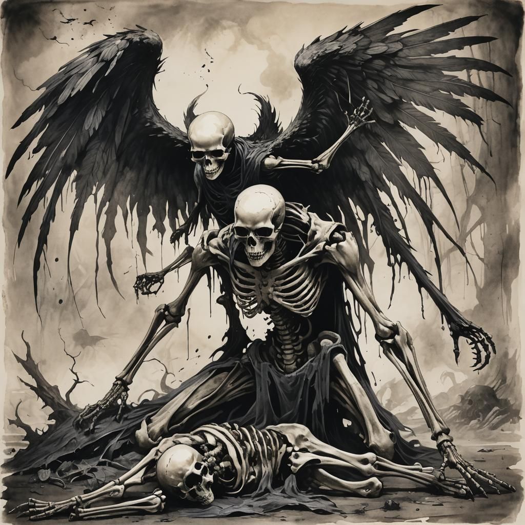 Monochromatic Skeletal Creature in Ink Wash Style