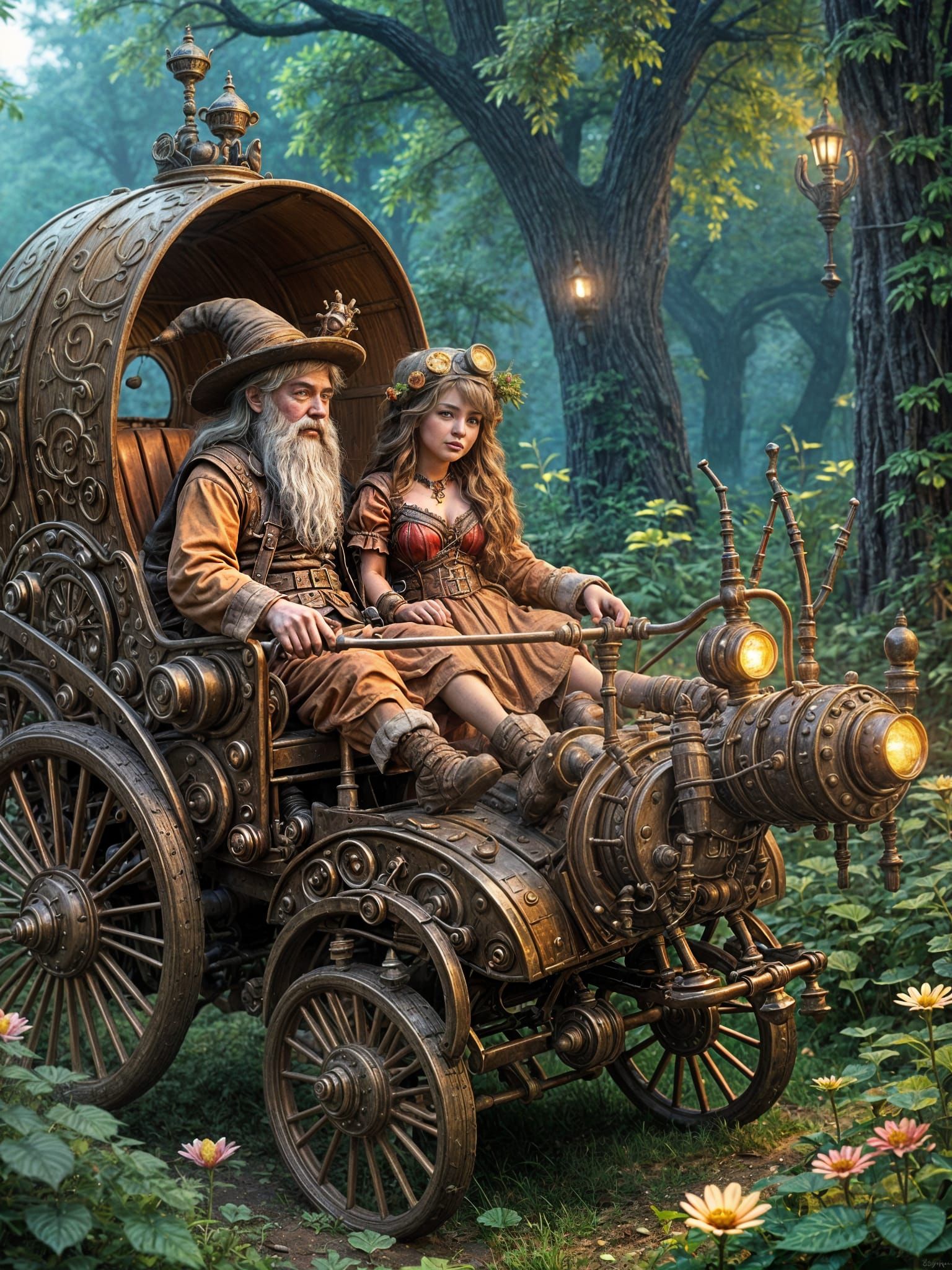 Dwarf and Goblin Steampunk Hayride in Moonlit Forest