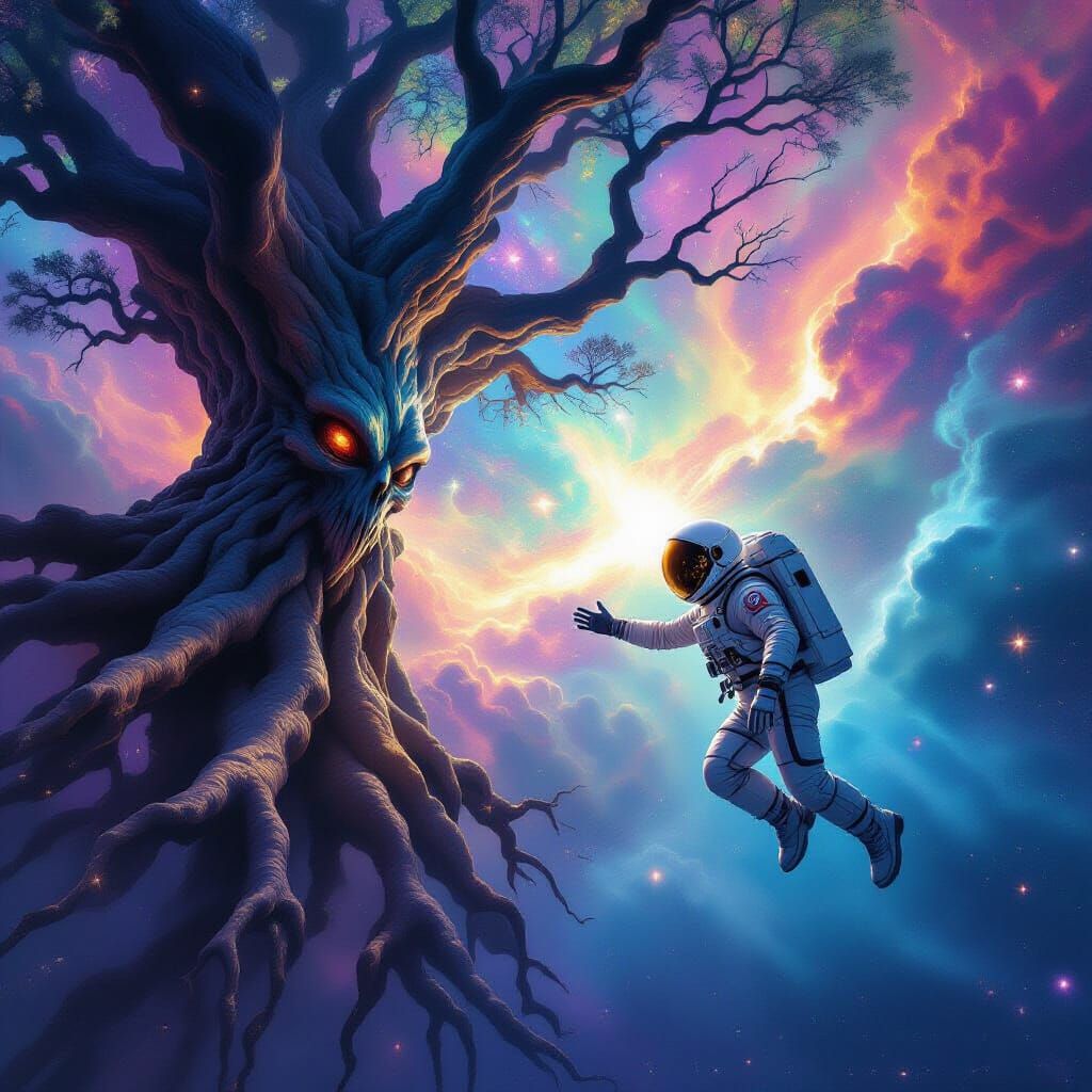 Astronaut Reaches for Cosmic Tree in Swirling Nebula