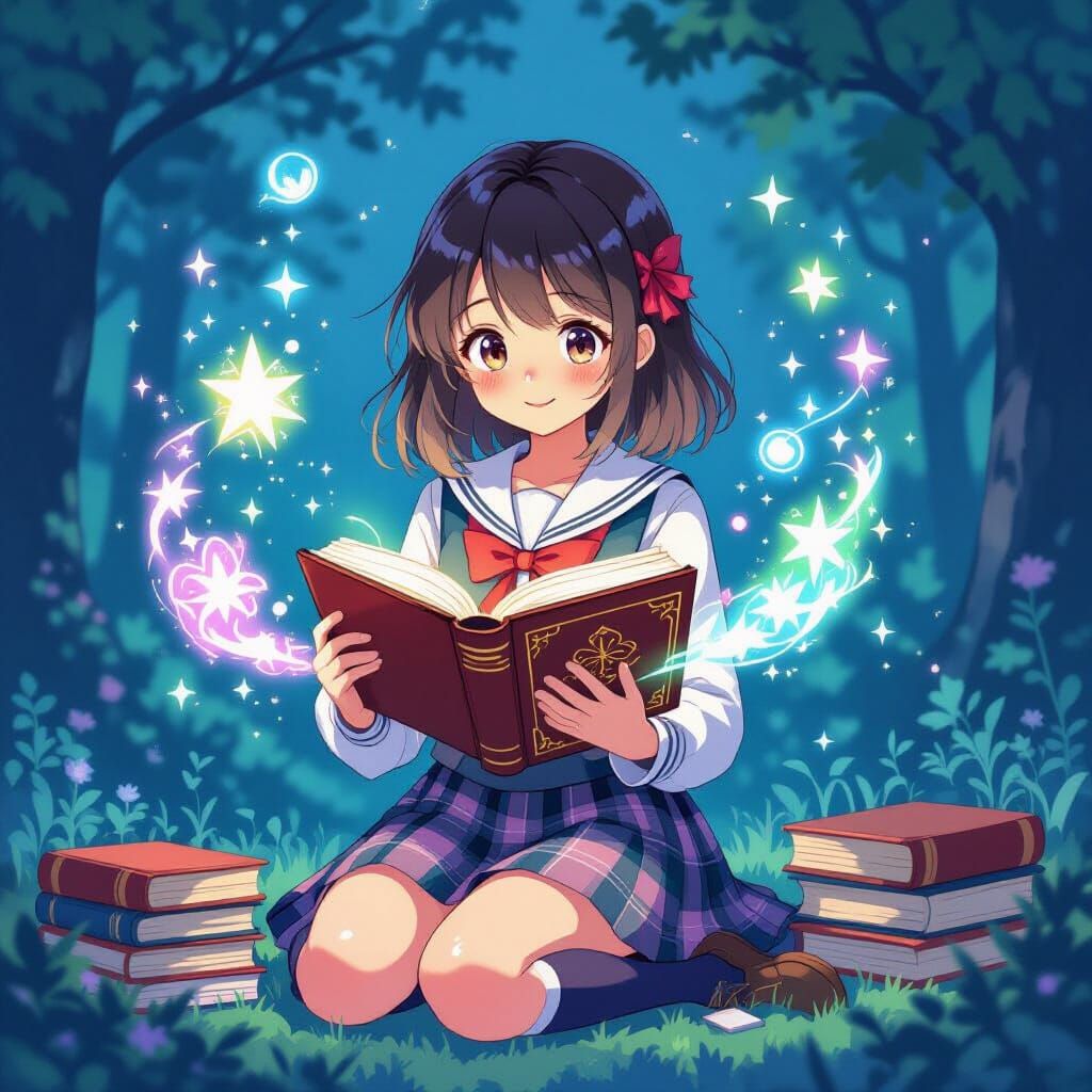 Cute Girl Reads Mystical Spell Book in Whimsical Style