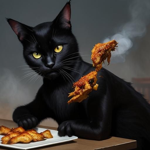 Sinister Black Cat Enjoys Chicken Wing