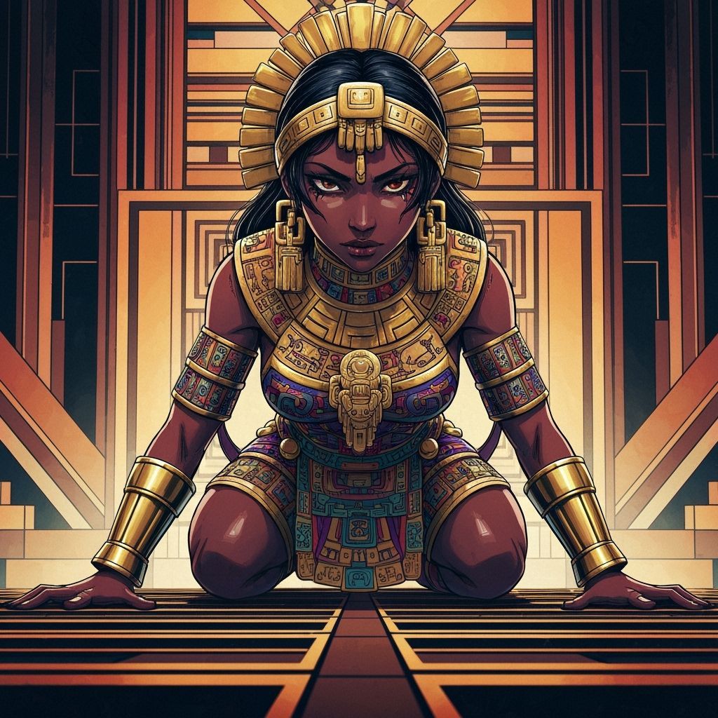 Aztec Woman in Manga Style with Geometric Background