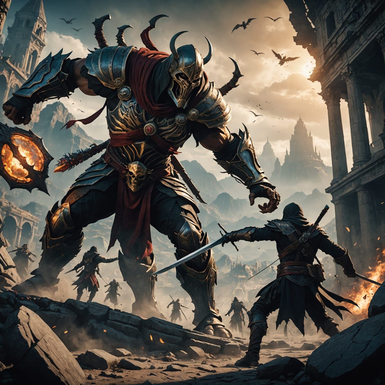 Assassin Battles Titan of Death: Detailed Matte Painting