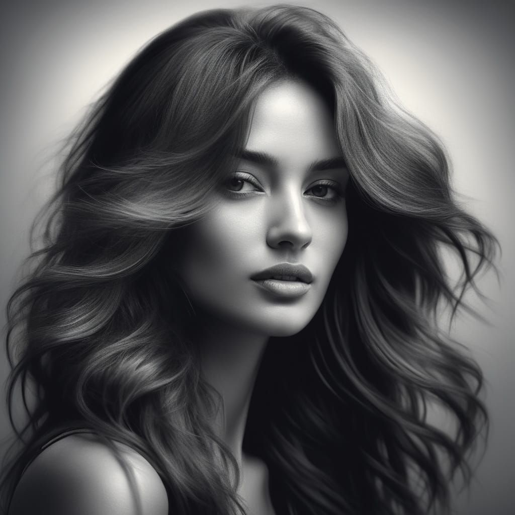 Elegant High-Fashion Portrait in Photorealistic Charcoal Dra...