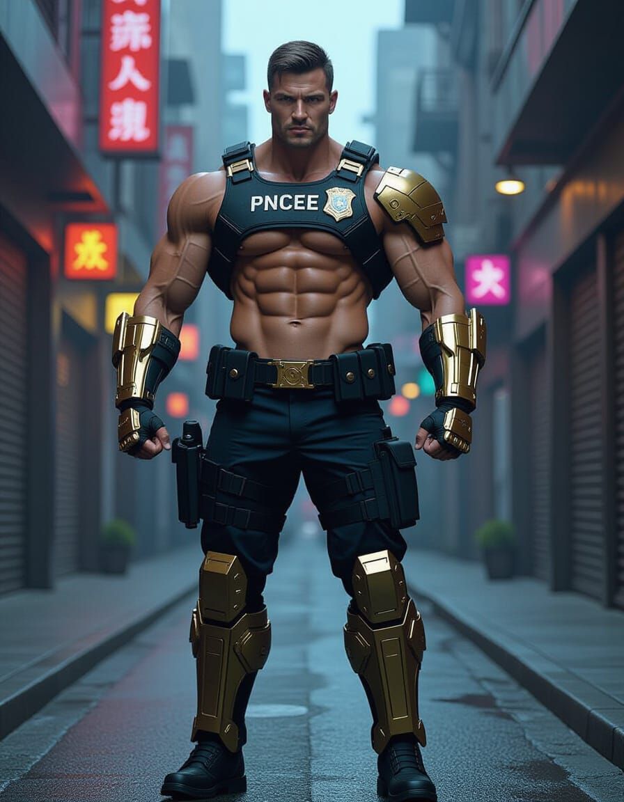 Muscular Cyborg Prince Bodybuilder in Futuristic City