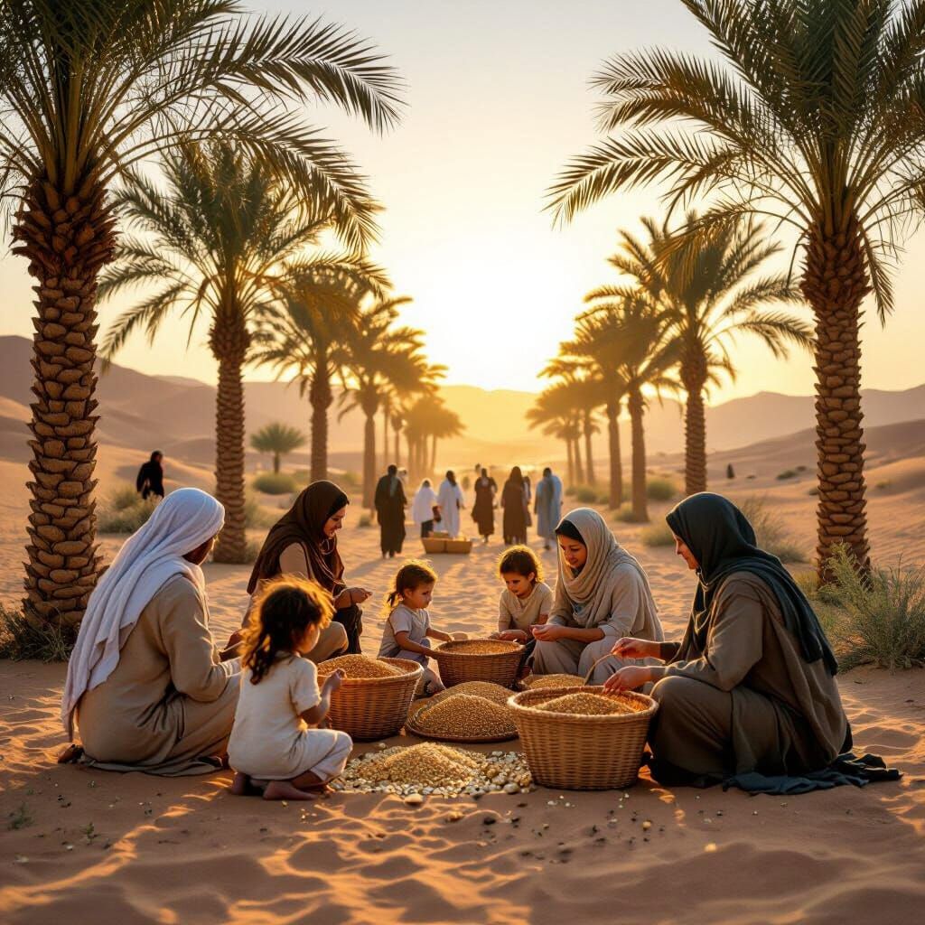 Israelites Gathering Manna at Sunrise in the Desert