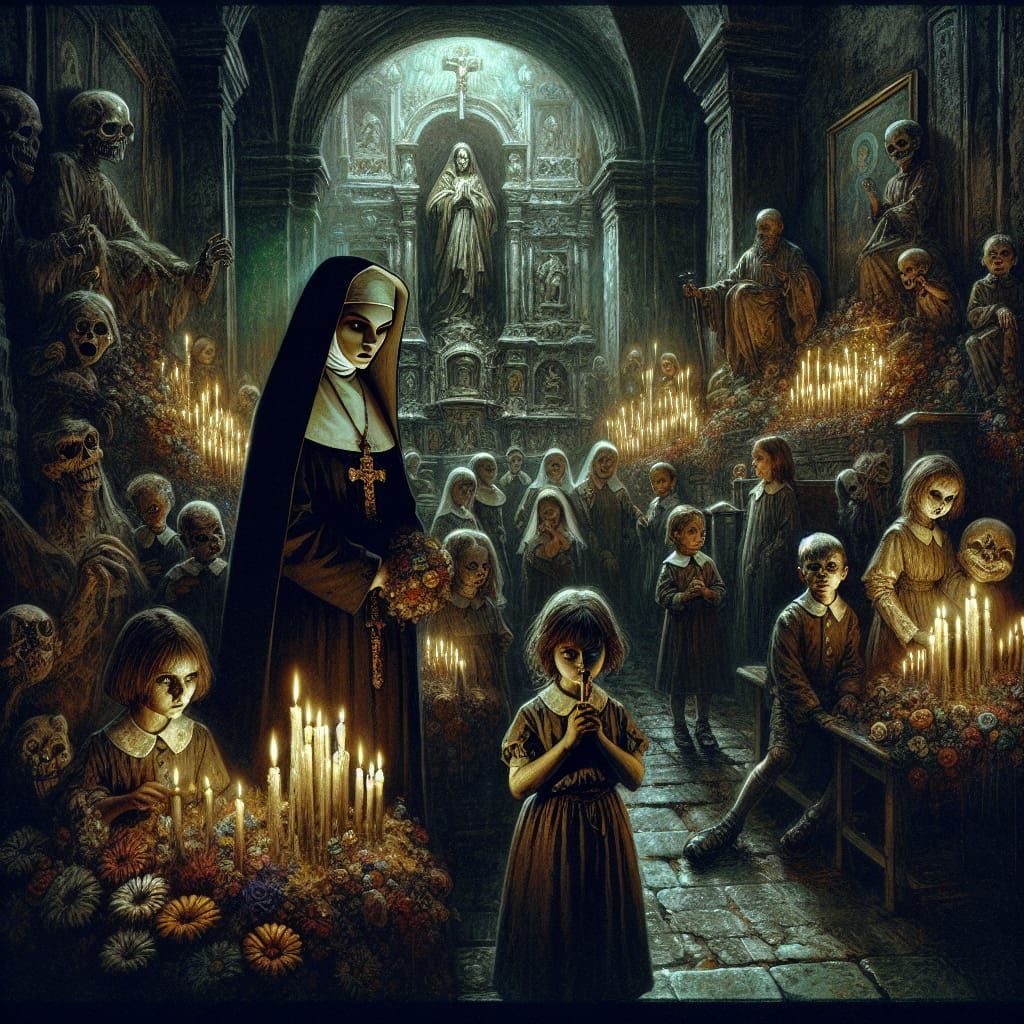 Macabre Nun in Gothic Watercolor Setting