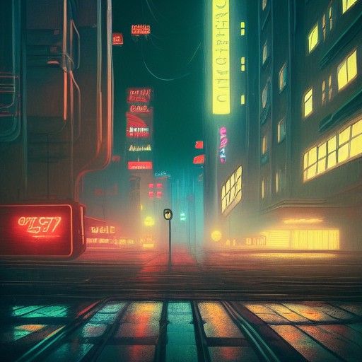 Dystopian Cityscape with Neon Signs and Robots