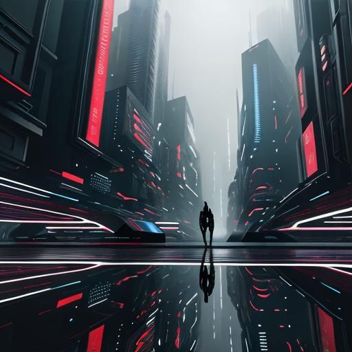 The artwork explores the theme of urban life in a futuristic setting, highlighting the interplay between technology and ...