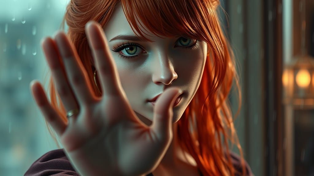 Ethereal Redhead Woman in Rainy Window Scene