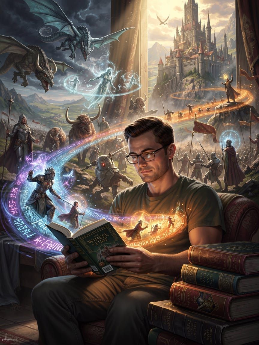 Man Reading Fantasy Novels Amidst Epic Scenes