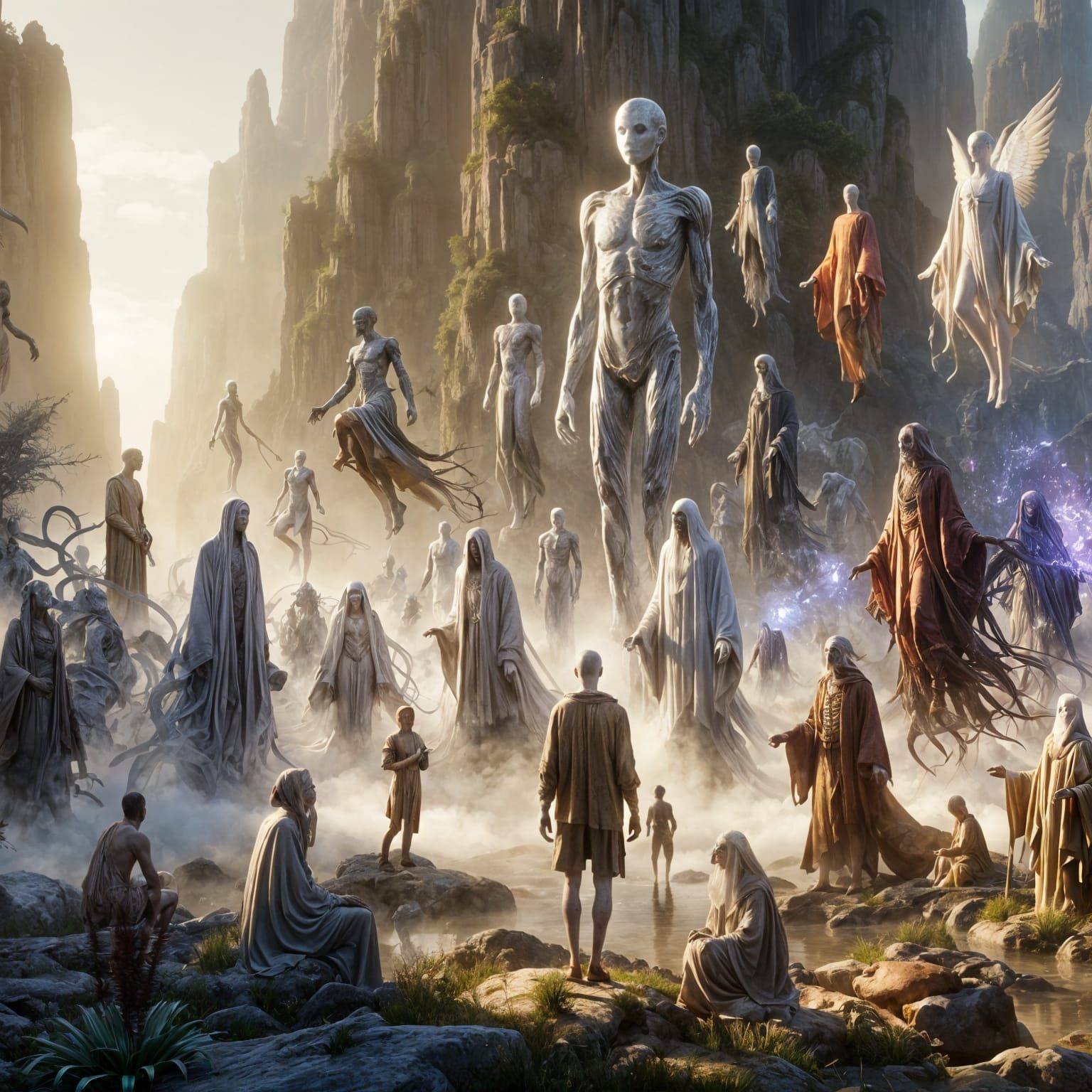 Ancestral Guardians Surround Individual in Manga Style