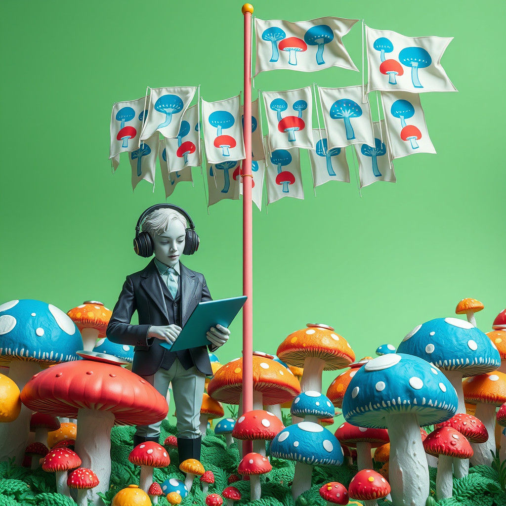 Surreal Mushroom Counting Scene in FriendsWithYou Style