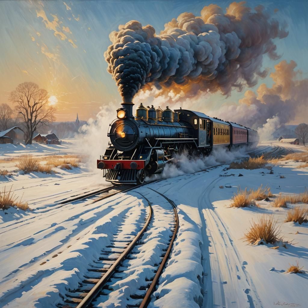 Steam Train Speeds Across Snowy Plain as Oil Painting