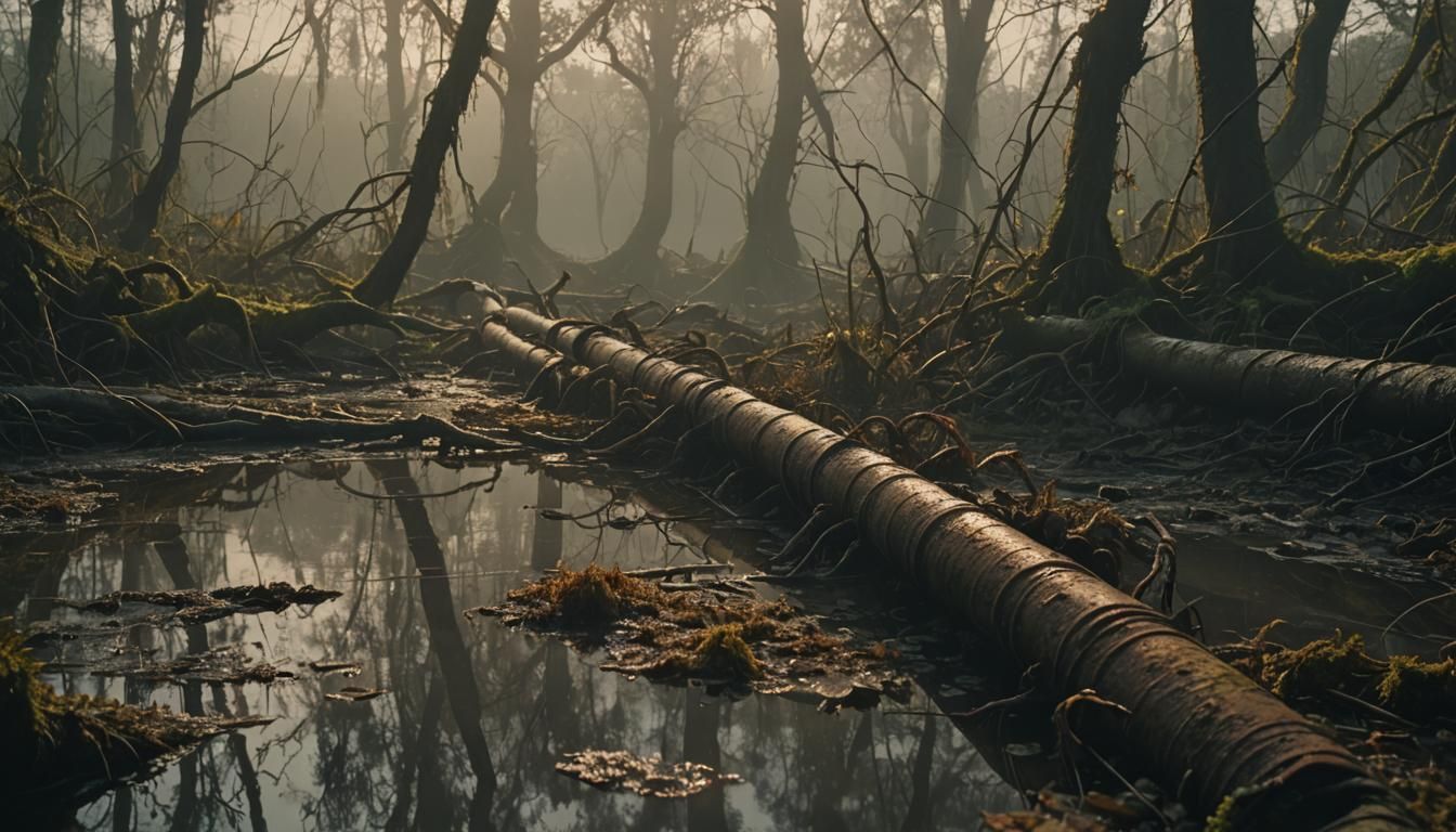 Corroded Pipe in Murky Swamp: Cinematic Film Still