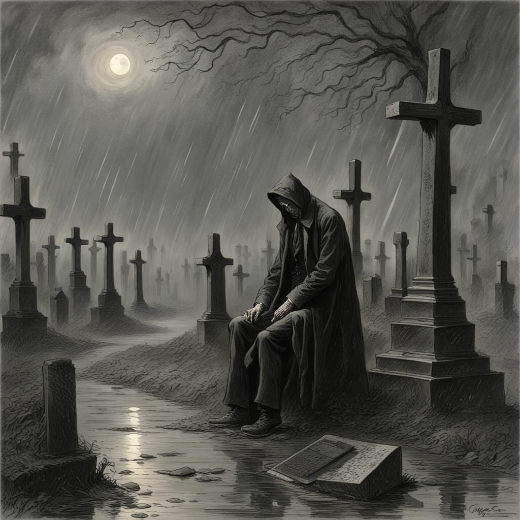 Mourning Man in Rainy Cemetery: Gothic Horror