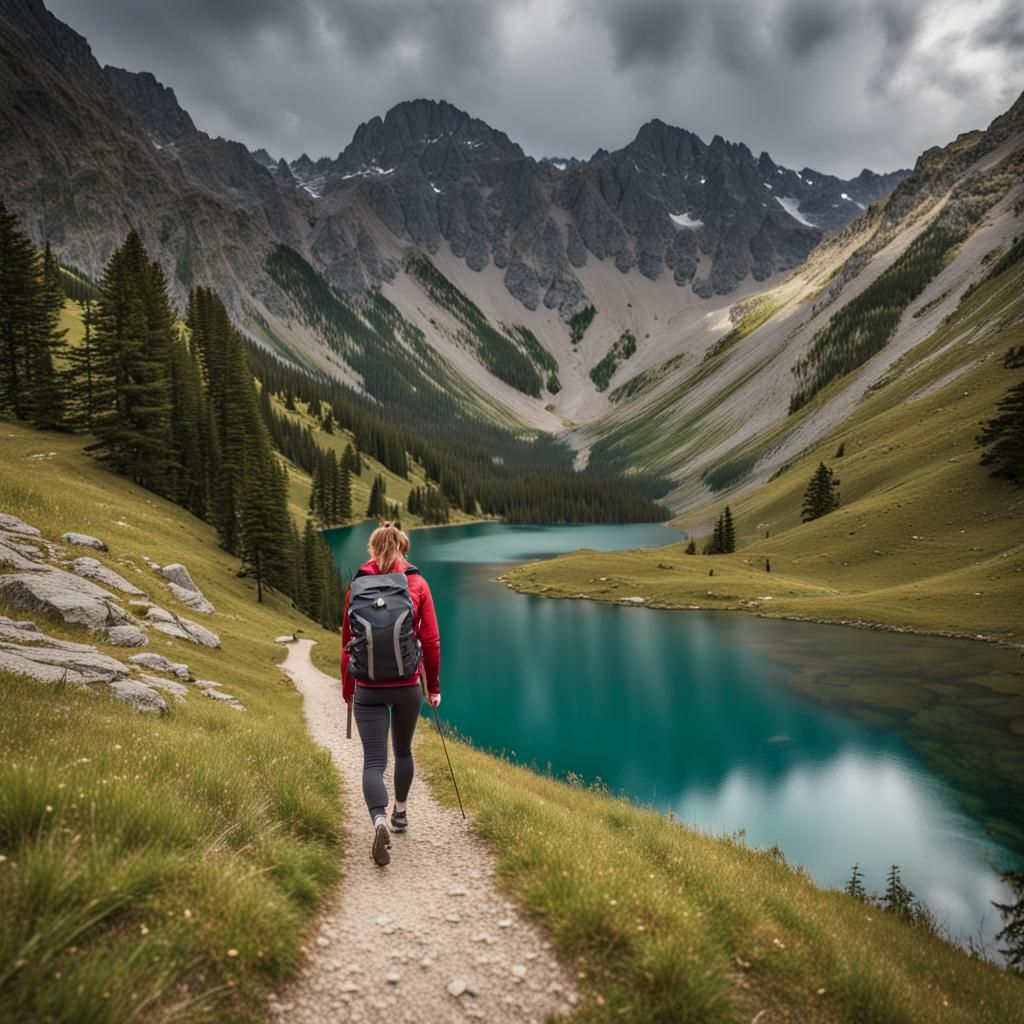 Hiker on Mountain Path Beside Lake