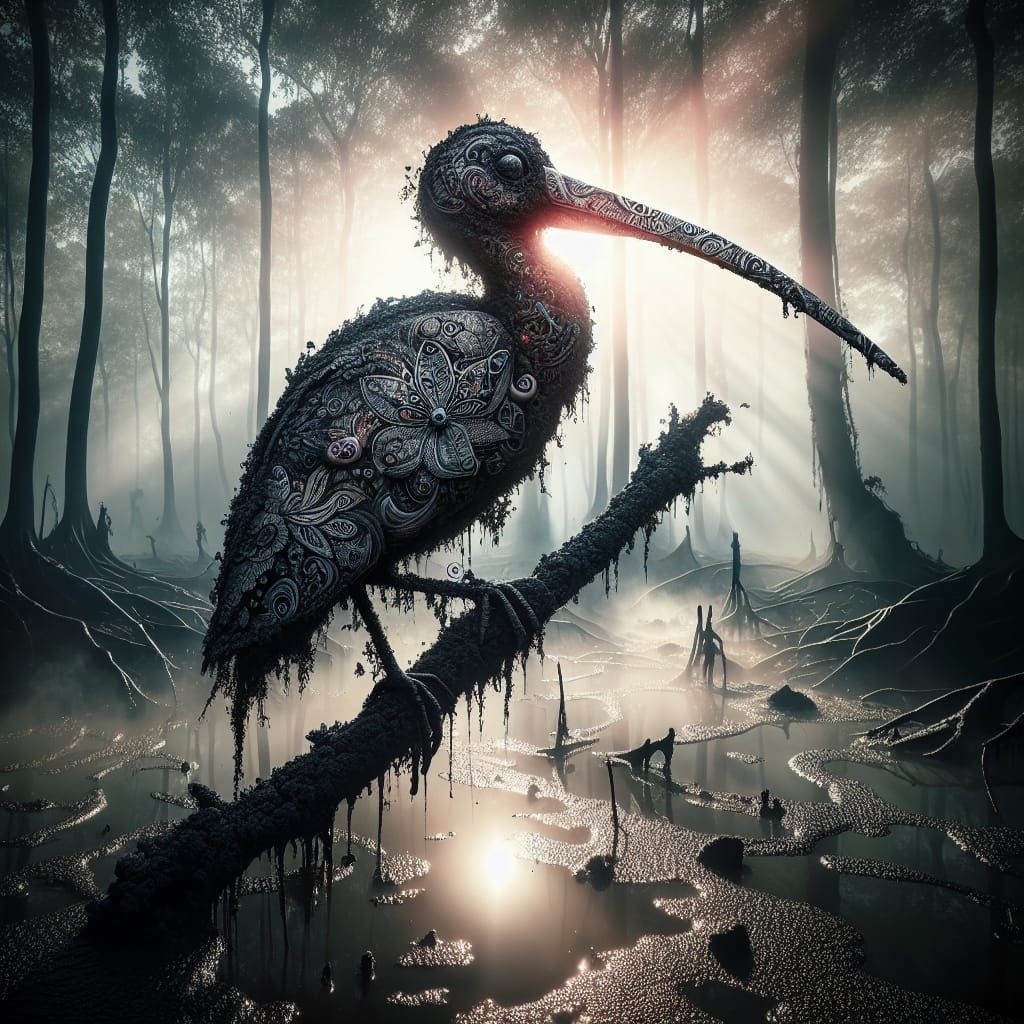 Surreal Bird of Soot and Batik in Foggy Swamp