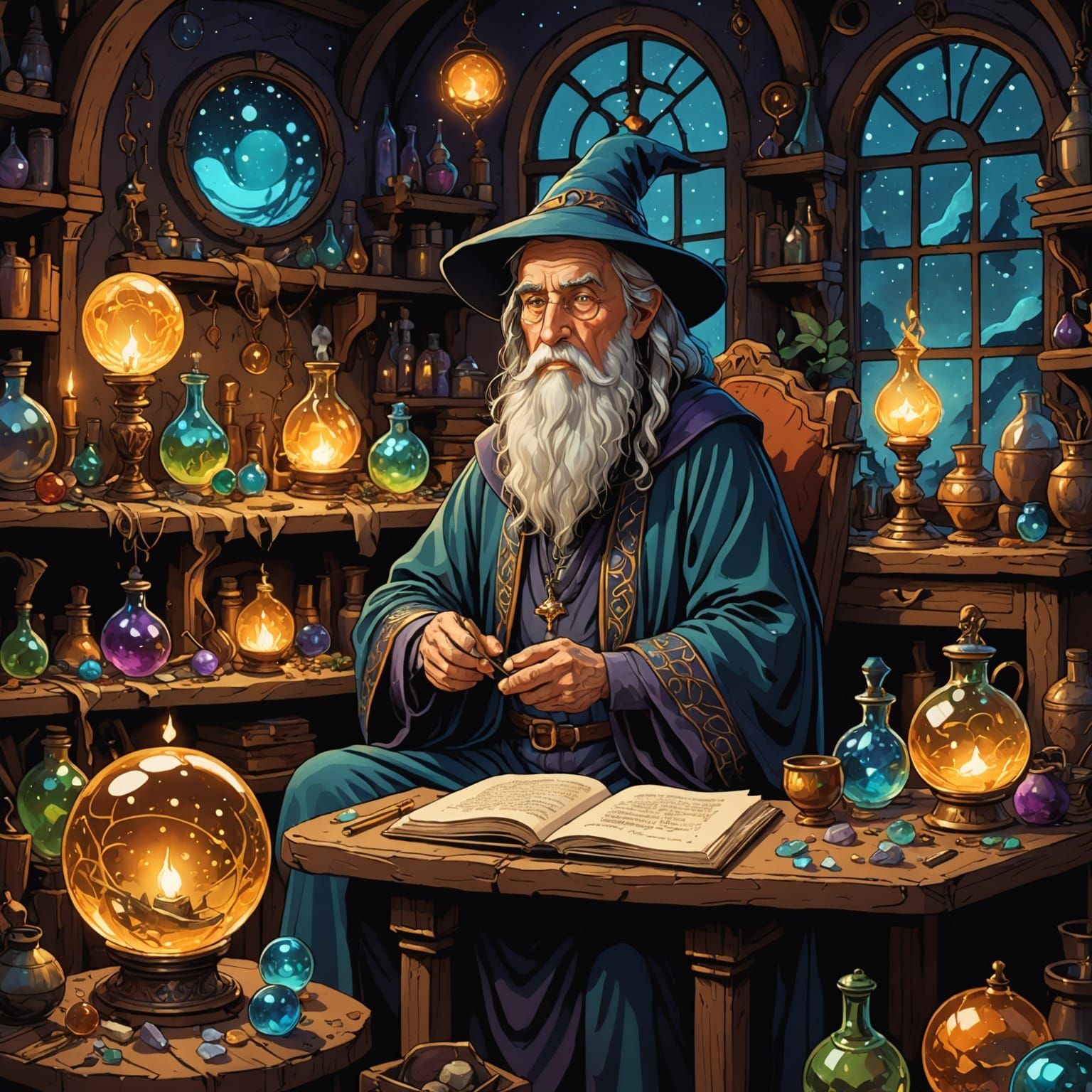 Wizard in Workshop Gazing into Crystal Ball