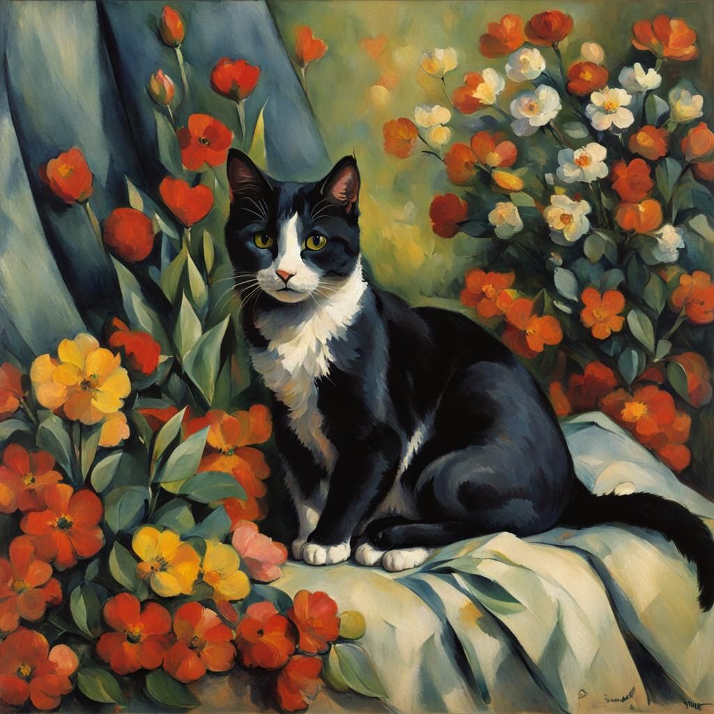 Cute Cat Surrounded by Flowers in Post-Impressionist Style