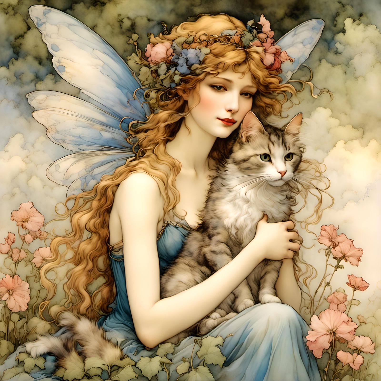 Fantasy fairy and her cat <lora:SIS-FairyLora3a:1.0>