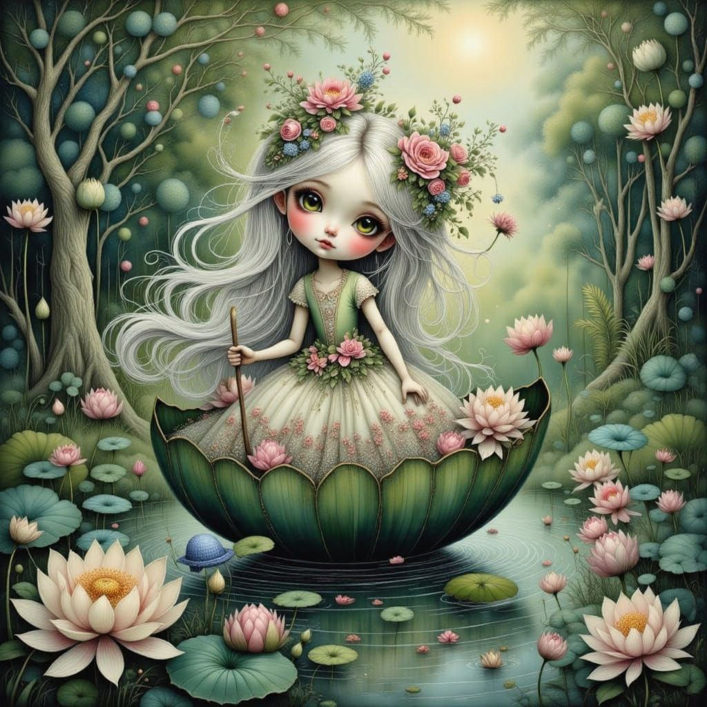 Girl on Lotus Leaf in Whimsical Lake