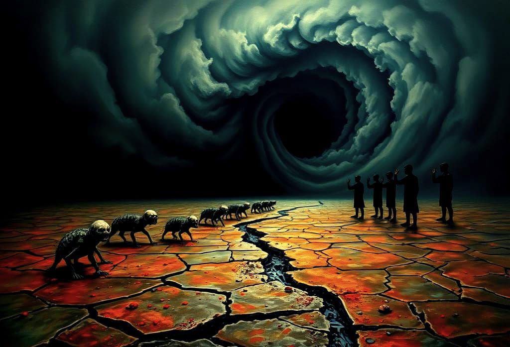 Surreal Oil Painting of Dark, Primeval Landscape