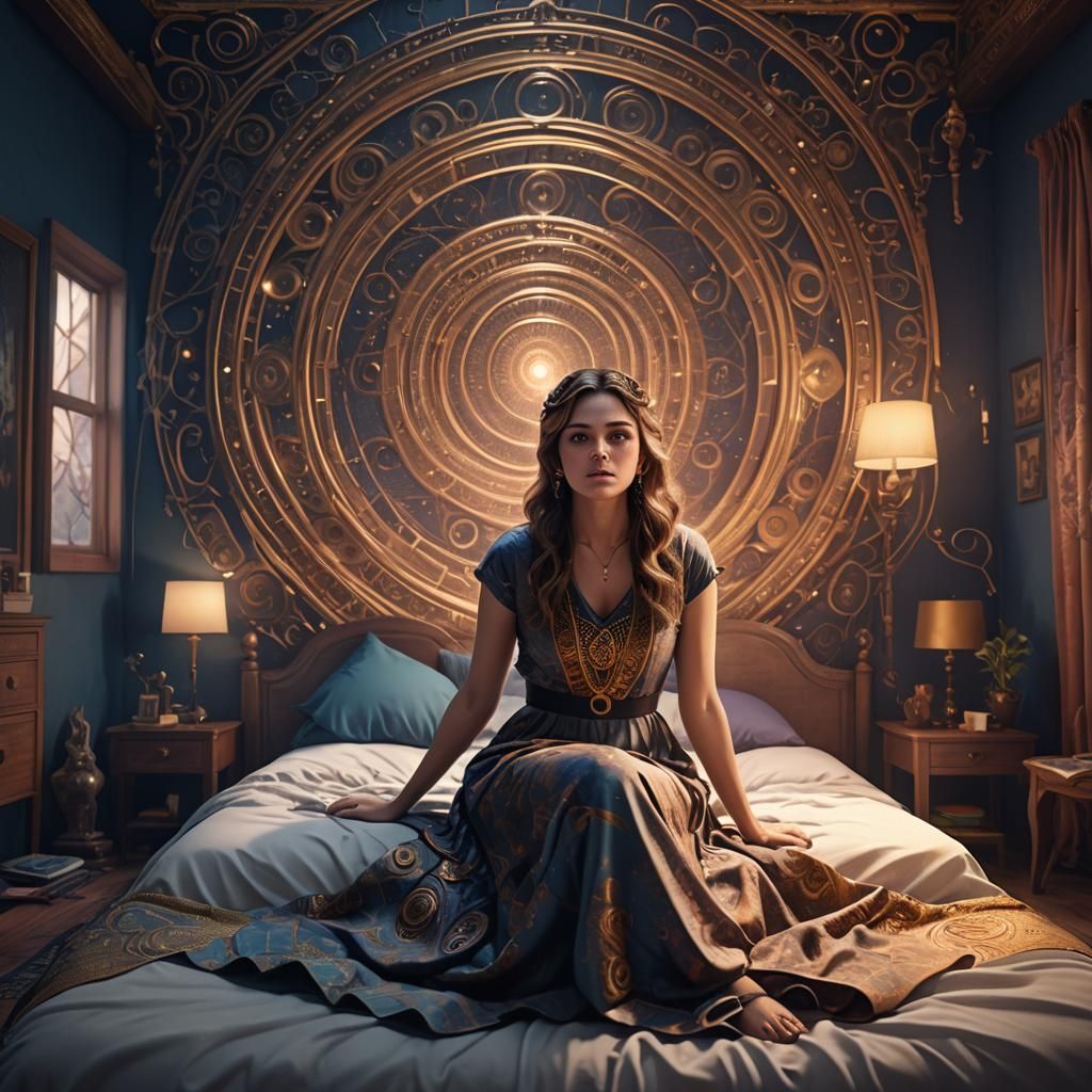 Hypnotized Woman in Bedroom: Detailed Matte Painting