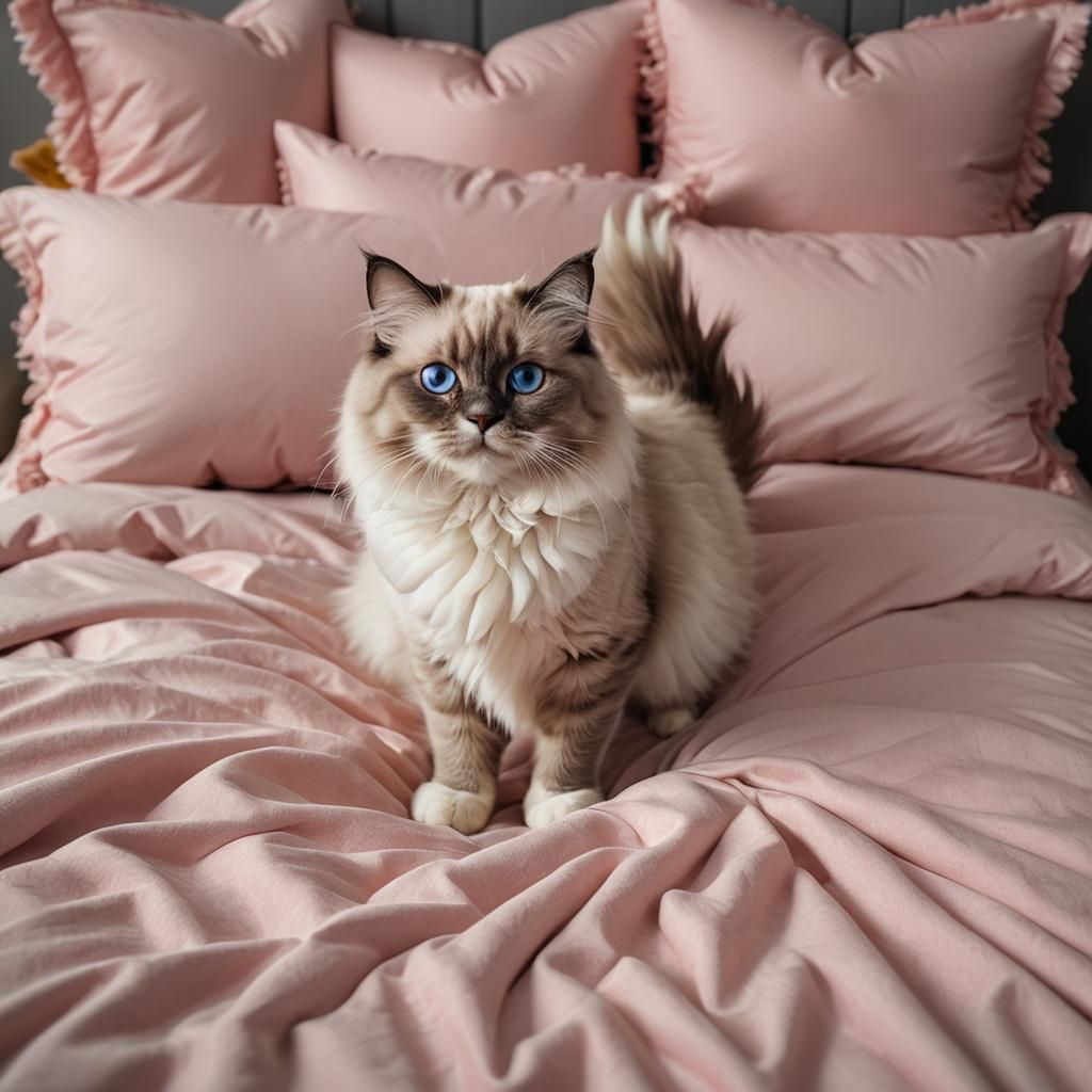 Photorealistic Ragdoll Cat Snuggles into Plush Queen Size Be...