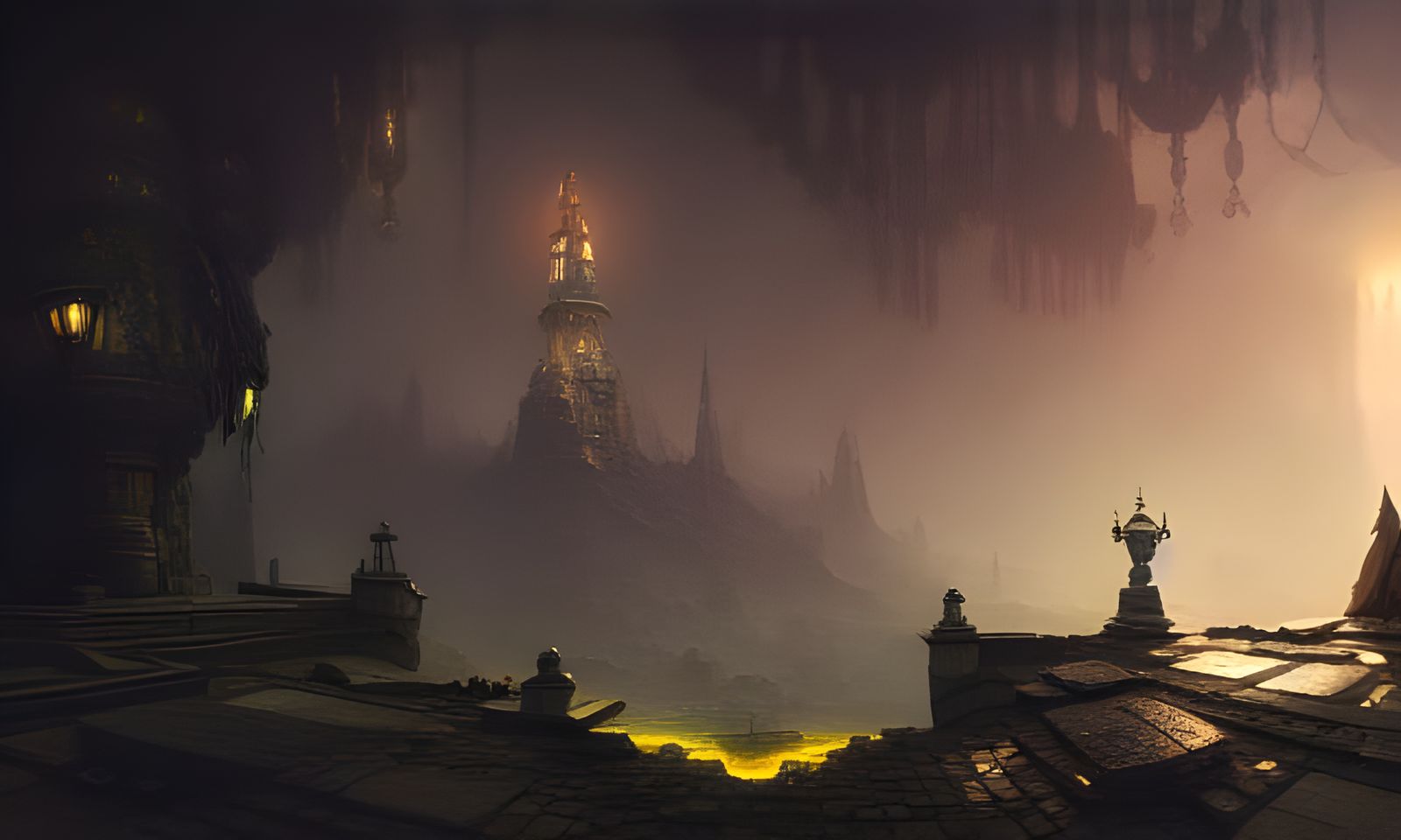 Dark Fantasy Cobblestone Street in Digital Illustration Styl...