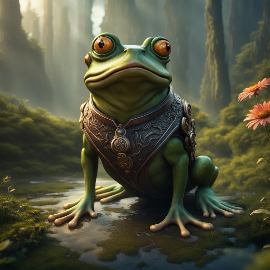Frog Riding a Dog in Detailed Matte Painting Style