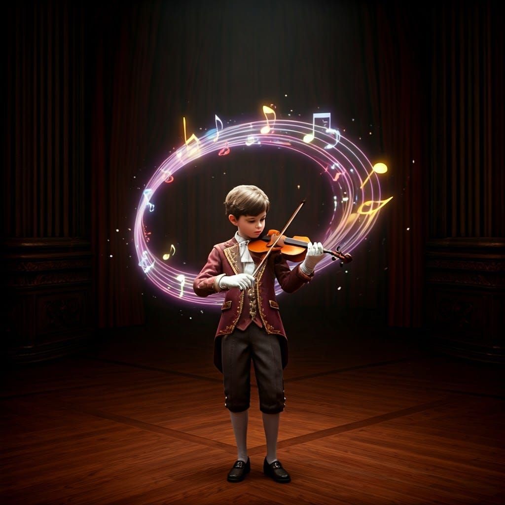 Boy Playing Violin on Ornate Stage