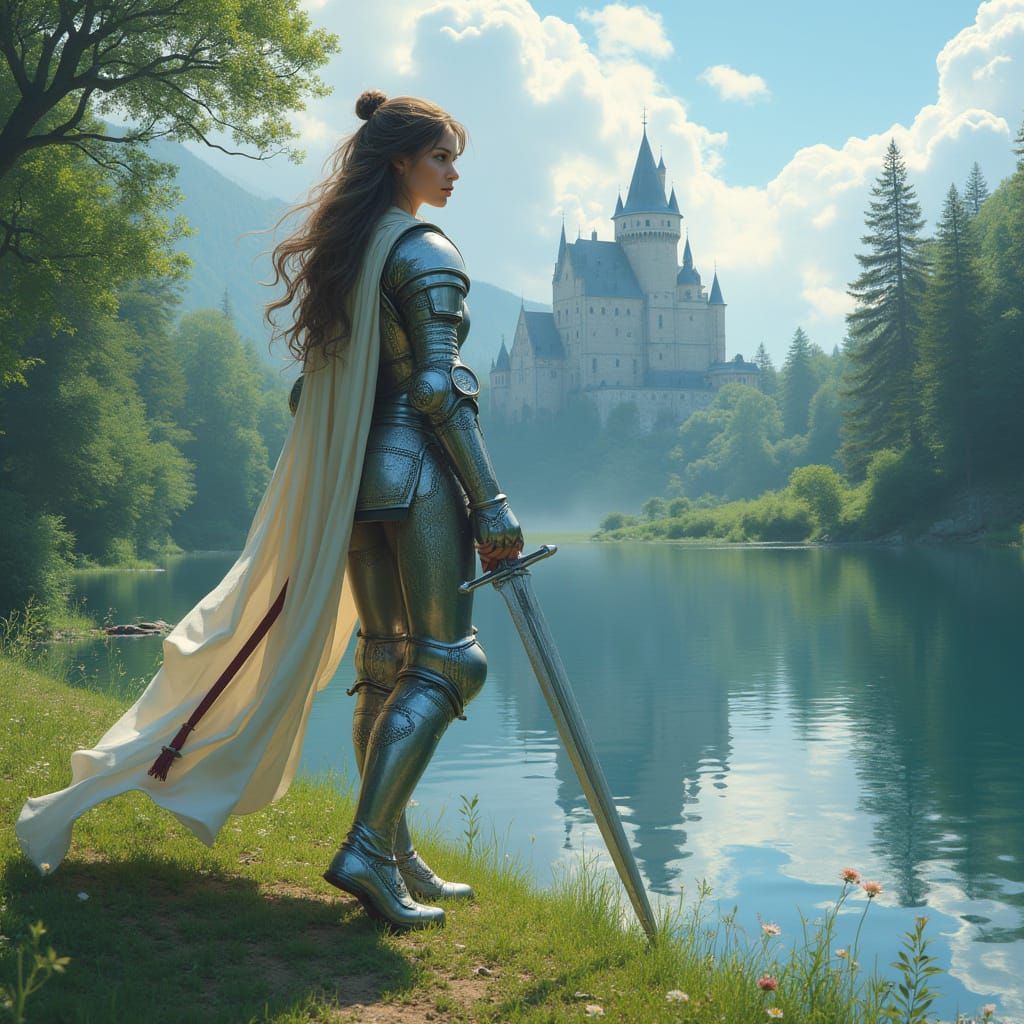 Knight Girl Walks Lakeside Castle in Distance