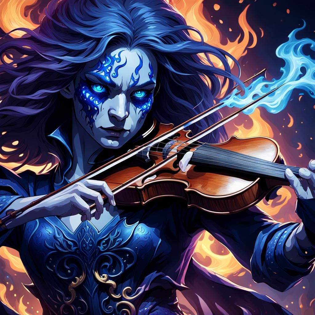 Demonic Violin with Flaming Bow in Dark Fantasy Art