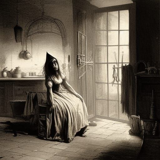 Witch Baking in Kitchen, Horror Illustration