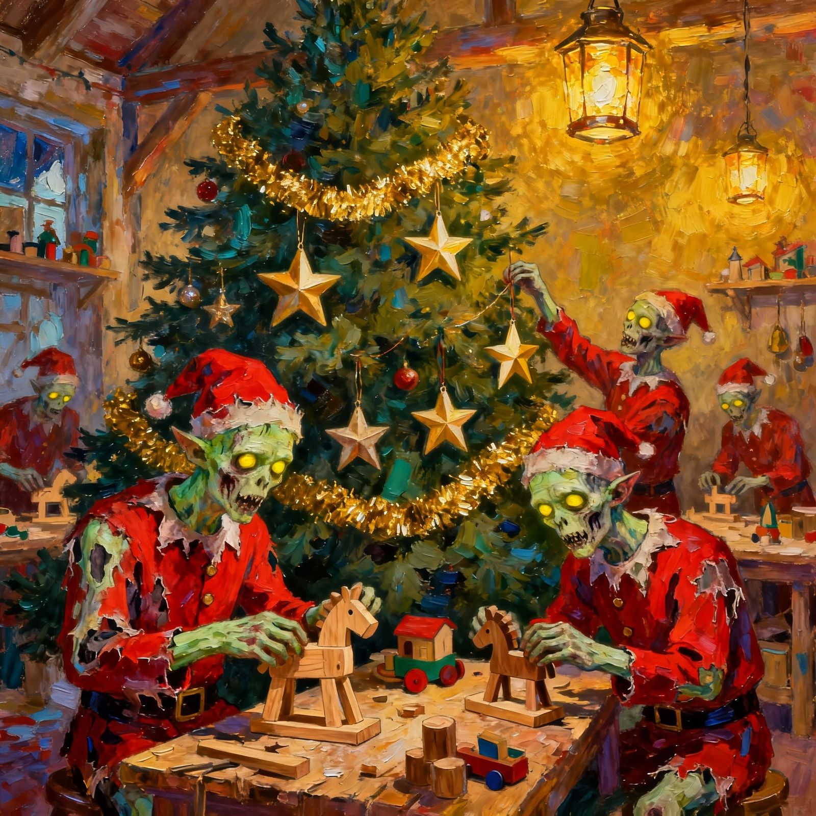 Zombie Elves Crafting Toys in Neo-Impressionist Style