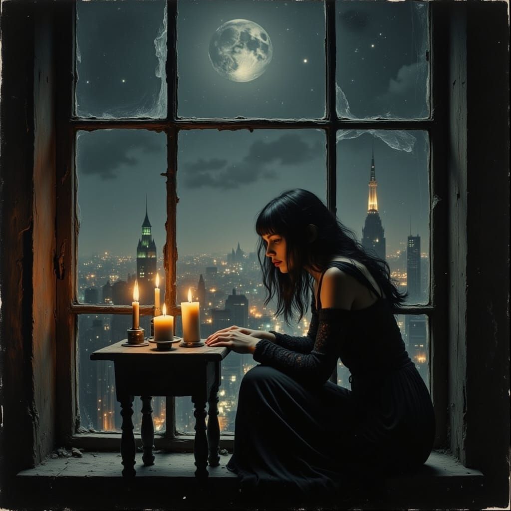 Woman Gazing at City Lights in Hyperreal Style