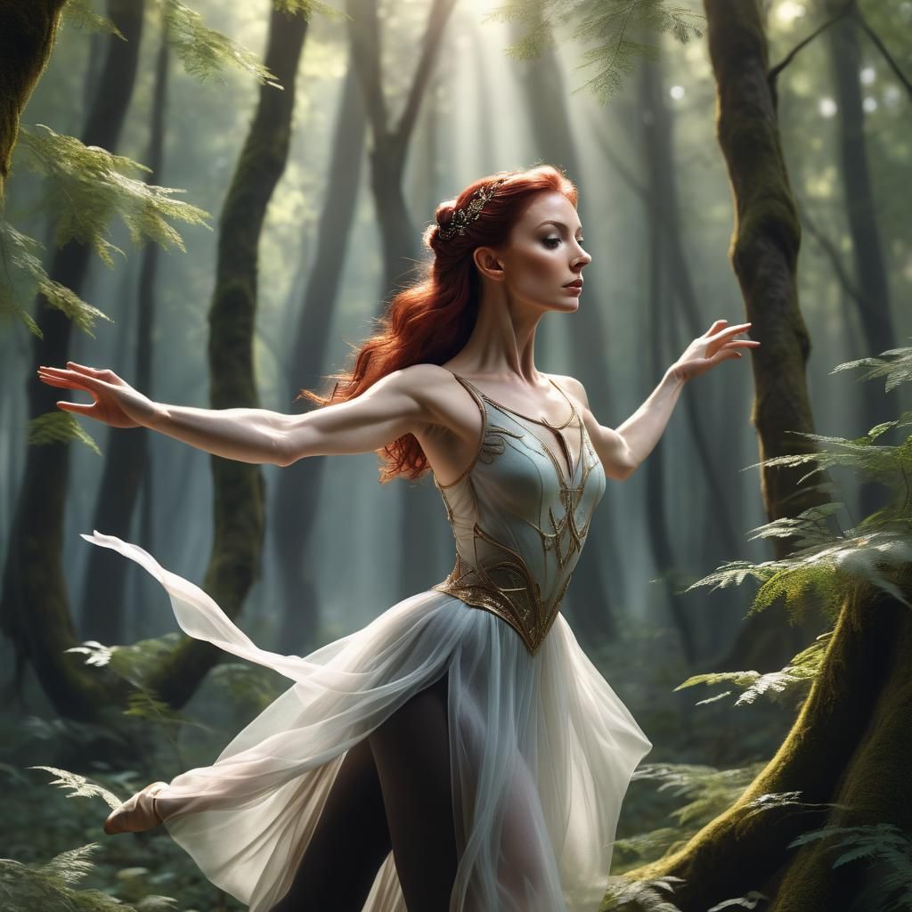 Goddess Ballerina in Ethereal Forest, Cell-Shaded Style