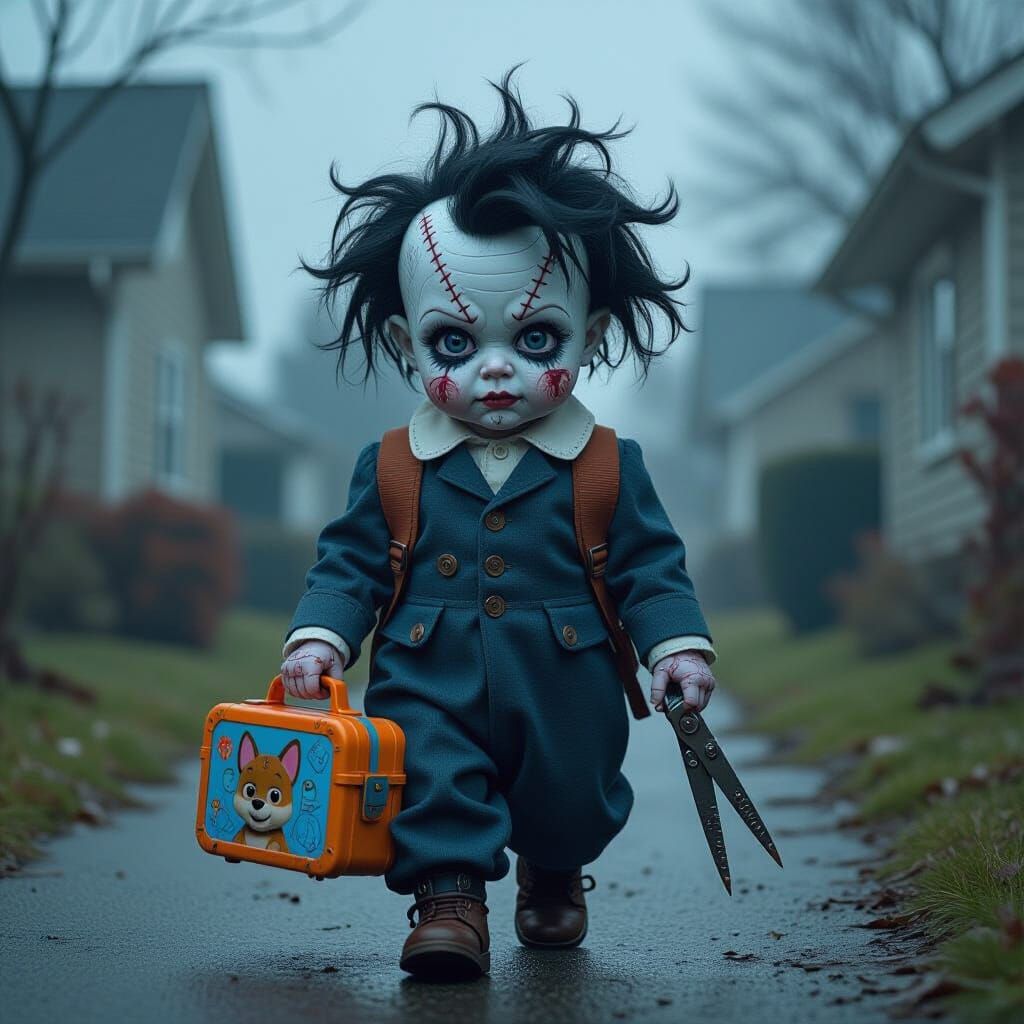 Grotesque Baby Edward Scissorhands Walks to Preschool