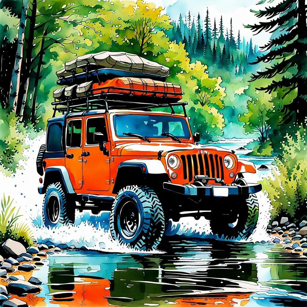 Orange Jeep Off-Roading Watercolor Sketch