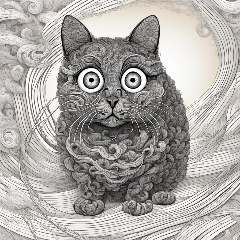 Cute Cat Playing with Yarn in Abstract Style