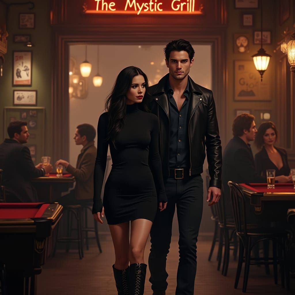 Elegant Vampire Couple Enters Mystic Bar in Dark Elegance